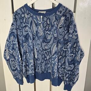 C.P. Sport VTG Floral Paisley Pullover Crewneck Blue‎ Sweater L Cottage Retro